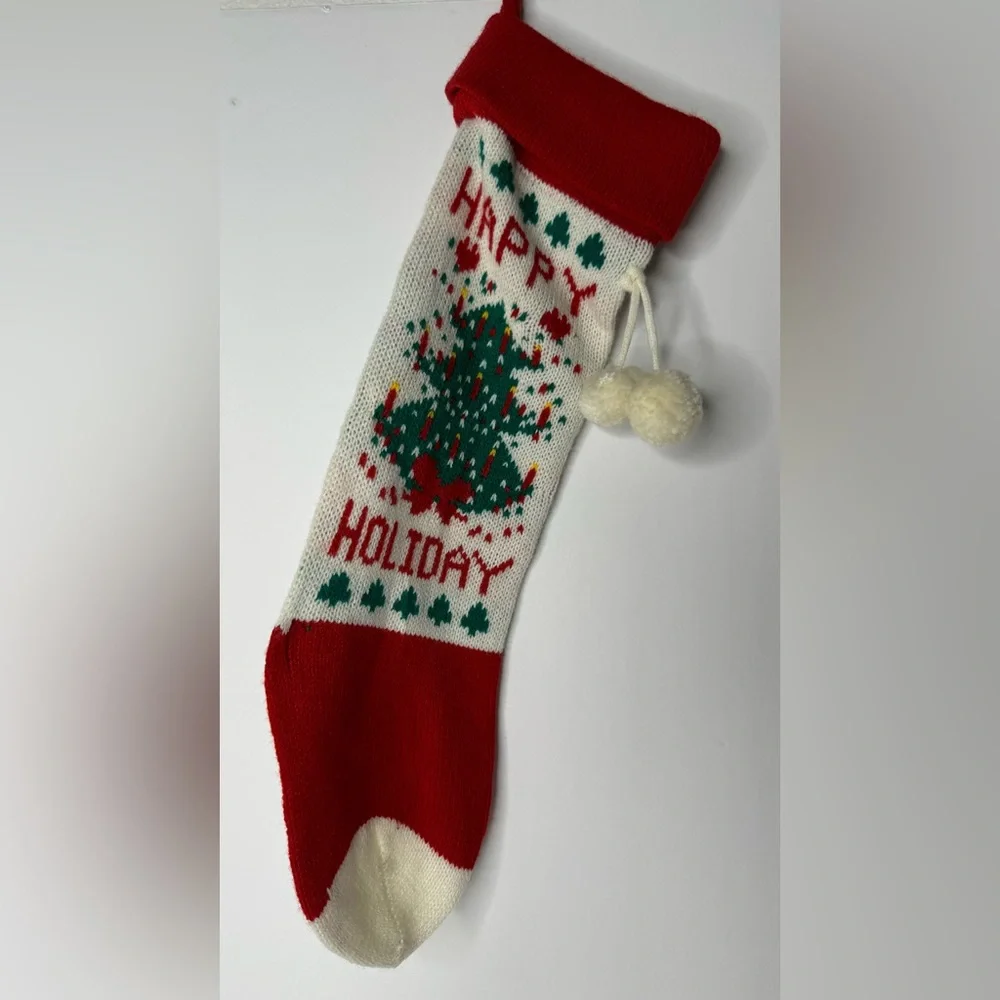 Vintage Knitted Christmas Stocking Happy Holiday Tree Design‎